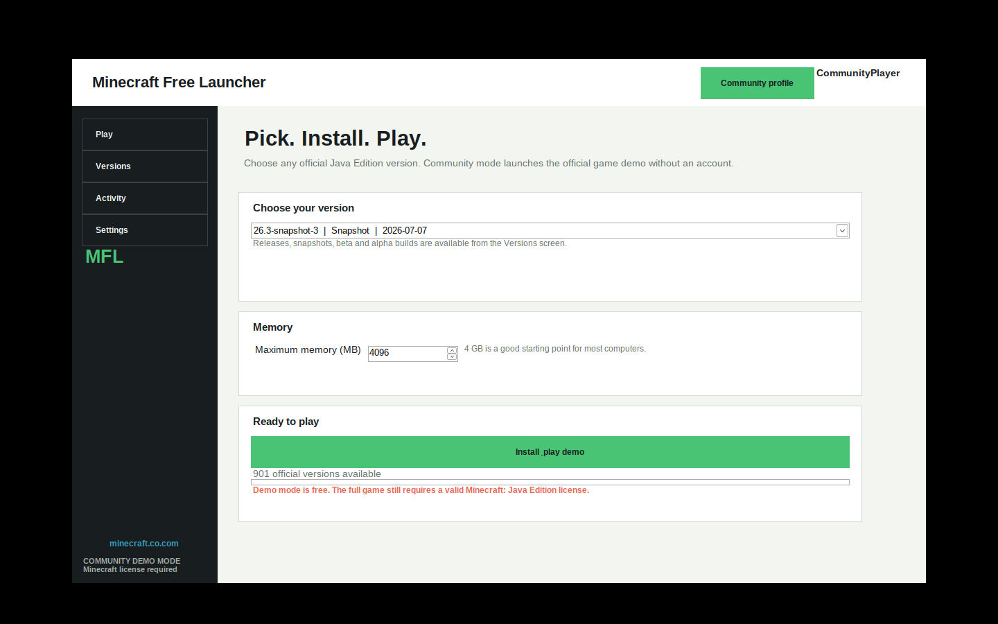 Minecraft Free Launcher version and memory settings screen